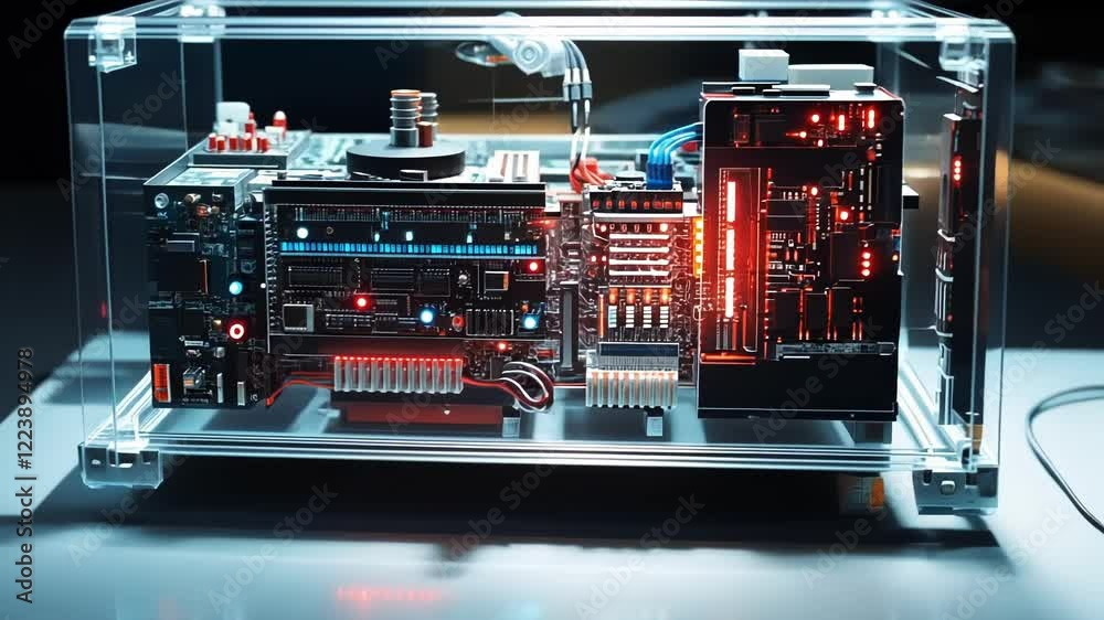 Poster complex quantum computing system showcasing advanced technology and processing power within a transp