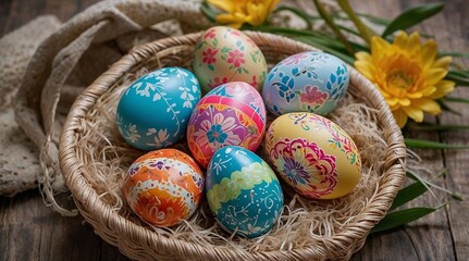 Fototapeta premium Easter eggs in a decorative basket with flowers on a wooden table