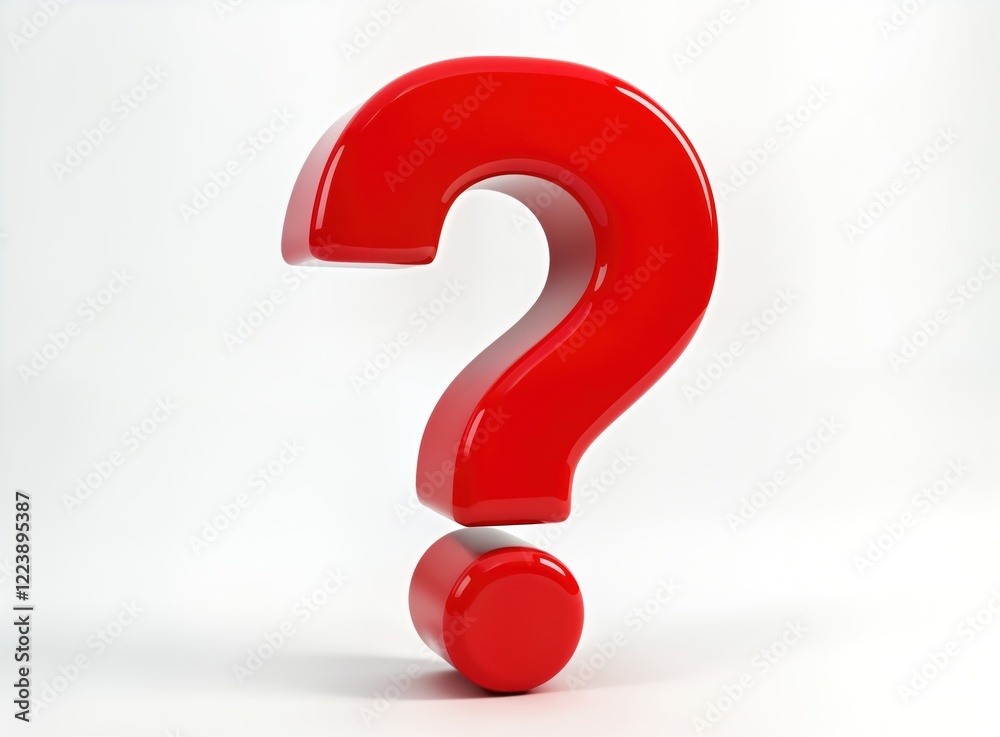 Poster Large bright red question mark symbol stands out against white background. 3D icon. Question mark symbol highlights unknown. Creative design. Illustrates doubt. Problem solving concept. Modern