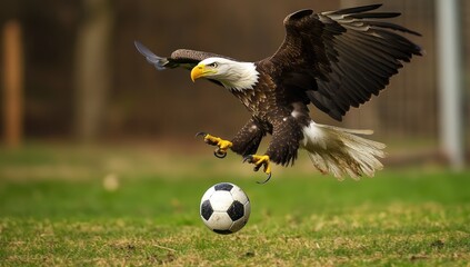 A bald eagle gracefully maneuvers a soccer ball in mid air