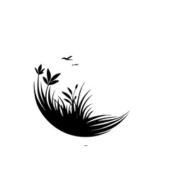 Serene Nature Scene: Minimalist Black and White Grassy Landscape with Birds. Perfect for eco-friendly designs, nature-themed projects, and peaceful backgrounds.