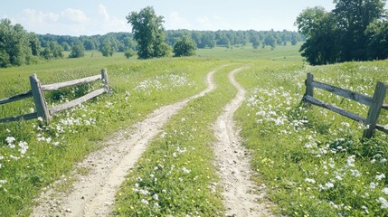 Winding dirt road through a blooming meadow, scenic countryside view, perfect for travel blogs and tourism websites