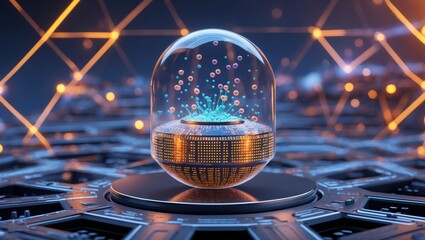 A futuristic, glowing orb encapsulated in a glass dome, featuring colorful particles and a high-tech base, set against a digital circuit background.