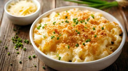 A comforting and creamy mac and cheese with a golden breadcrumb topping and gooey cheese, served in a white ceramic dish, Mac and cheese centered