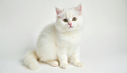 Obraz premium Adorable White Fluffy Kitten Sitting on White Background