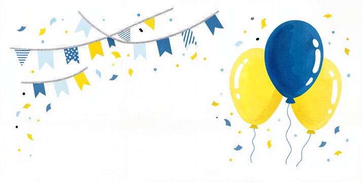 Fototapeta Swedish traditional student celebration card with yellow and blue balloons, flags, and confetti, perfect for 'Studenten' graduation or festive designs, featuring a minimalist watercolor style.