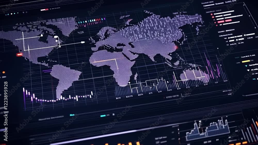 Poster complex manufacturing data visualized on a futuristic screen interface, featuring a world map with h