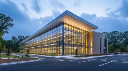 Fototapeta premium Modern glass office building at dusk.