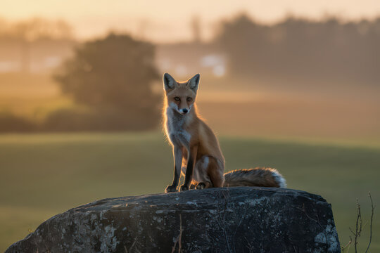 Red fox perched on a rock at sunrise, serene and alert.