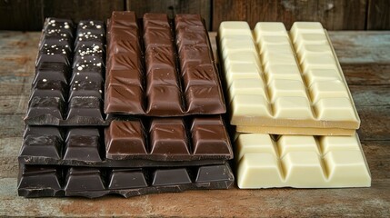 A variety of chocolate bars stacked neatly, with different types of chocolate