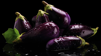Fresh Eggplants With Water Droplets On A Reflective Black Background
