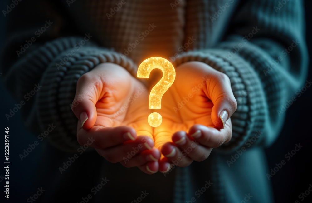 Aufkleber person holds glowing question mark in cupped hands. concept of seeking answers. illustration evokes 