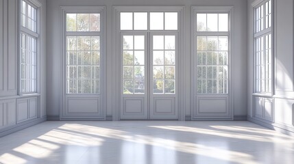 Obraz premium Bright, airy room with large windows and French doors. Perfect for showcasing interior design, real estate, or home décor.