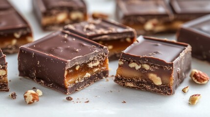 Close-up of a sweet chocolate bar broken into squares, revealing layers of caramel and crunchy nuts inside on a clean white background