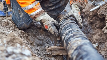 A close-up shot of a plumber repairing underground water pipes in a municipal construction project, Municipal pipe repair scene, Practical and precise style