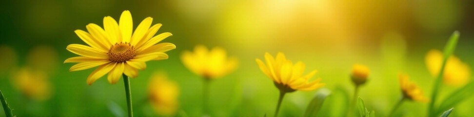 Soft petals of yellow daisies gently sway in the morning breeze, dew, green grass