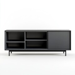 Fototapeta premium Modern minimalist media cabinet with open shelving and a sliding door.