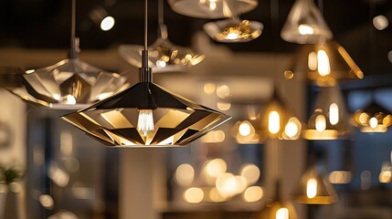 Modern geometric pendant lights illuminate a showroom, showcasing various styles and designs.