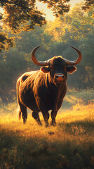 Majestic Ox in Serene Pastoral Landscape with Lush Green Surroundings