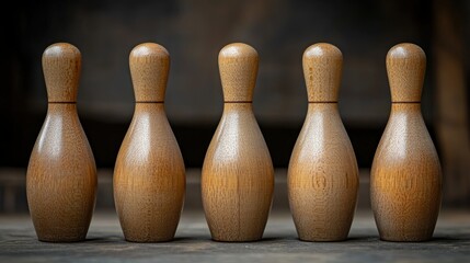 Close-up of bowling pins standing perfectly aligned after being set up, ready for the next round