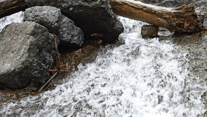 Tree trunk resting among rocks in rushing mountain stream Mountain flow cascades over stones blending natures raw power and serenity Mountain watercourse captures rugged beauty of alpine wilderness
