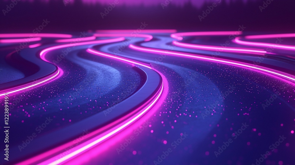 Aufkleber abstract glowing neon lines forming wavy paths on a dark surface.
