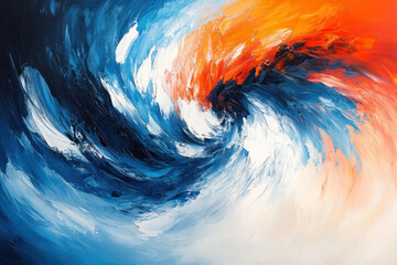 Vibrant abstract painting with bold pops of red and blue, merging into a dynamic swirl of colors that suggest energy and movement.