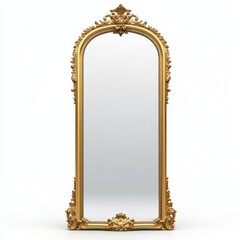 Ornate gold mirror with arched top and detailed frame.