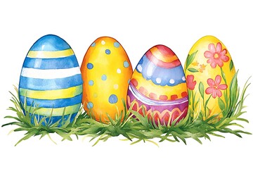 Easter day celebration with watercolor style eggs in a grass field vibrant colors joyful spirit