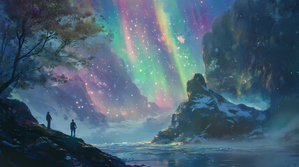 Experience the breathtaking dance of vibrant auroras above tranquil fjord waters in high fidelity. Celestial Fjord. Illustration