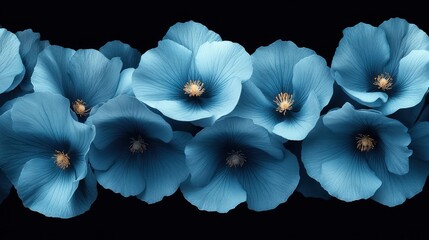Seamless border of blue flowers on black background.