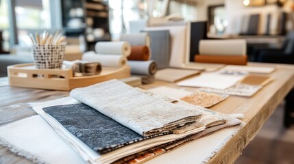 Interior Design Fabrics and Samples on Wooden Table