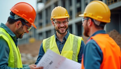 Construction workers collaborate on project site. Team wears safety gear. They review plans and discuss details. New building is under development. Site is active with building materials around.