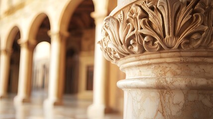 Ornate marble column detail in classical building courtyard.