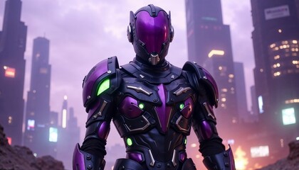Naklejka premium Futuristic Robot in Purple and Black Armor Stands in a Neon City at Night