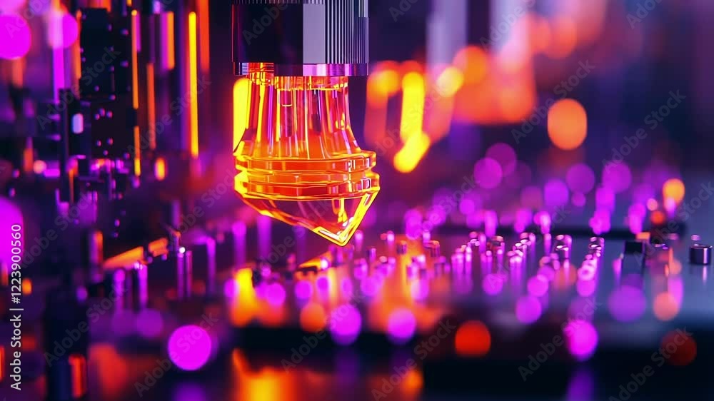 Poster futuristic manufacturing machine constructing an object layer by layer with laser precision in a neo