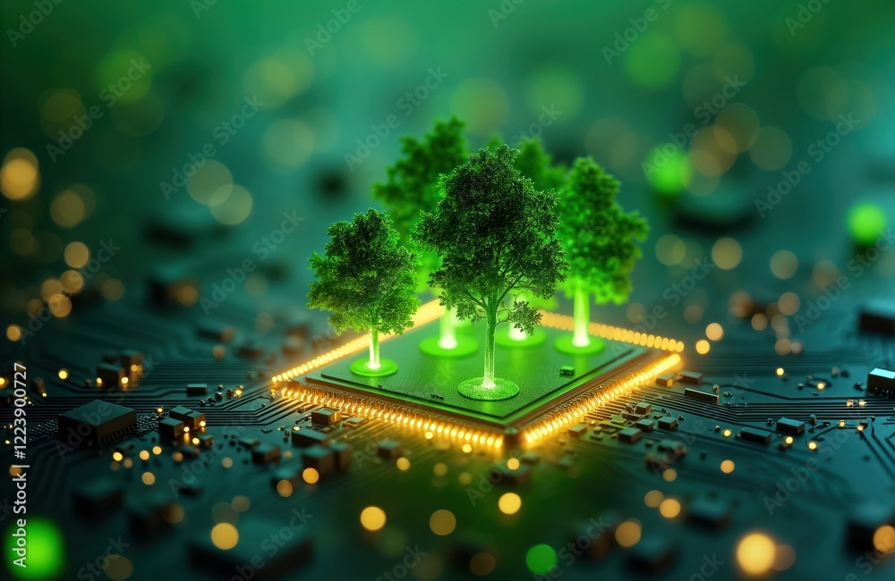 Poster green trees grow on tech circuit board. eco-friendly tech concept. sustainable future. illustration 