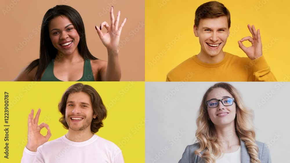 Poster this collage features a diverse group of individuals showcasing various gestures and emotions. each 