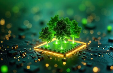 Green trees grow on tech circuit board. Eco-friendly tech concept. Sustainable future. Illustration shows computer chip with glowing green trees. New eco-friendly tech. Modern tech, nature coming