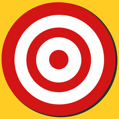 Target icon in red color isolated on yellow background. Business and goal target achievement with trendy simple style. Archery target and dartboard vector illustration. Design for website, sport game.