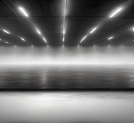 Obraz premium Empty room interiors with gray wall Studio Concrete background and floor Cement shelf, well edit mounting displays and text present.generative ai
