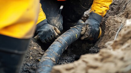 A close-up shot of a plumber repairing underground water pipes in a municipal construction project, Municipal pipe repair scene, Practical and precise style