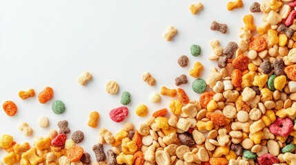 Fototapeta premium Close-up of textured dry dog food in a dense pile on a bright white background, showcasing rich detail