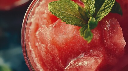 Close-up of thick watermelon slushie with frosty edges in a clear glass, topped with fresh mint leaves
