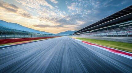 Obraz premium Race track asphalt road with motion blur effect at sunset.