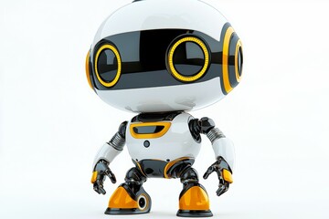 Robot with yellow eyes stands on a white background, mini AI concept