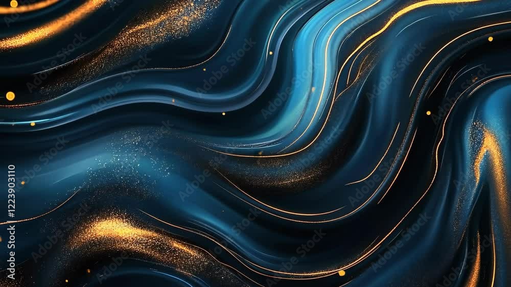 Wall mural swirling patterns of blue and gold create an abstract design resembling flowing water or shimmering 