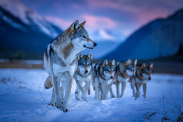 Naklejka premium Wolves trekking through a snowy mountain pass at twilight.