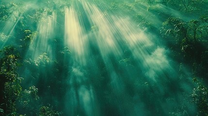 Sunbeams piercing through misty, lush green forest canopy.