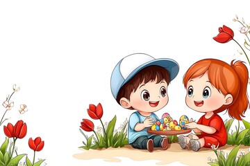 Easter day celebration with kids watercolor style spring garden joyful scene whimsical art